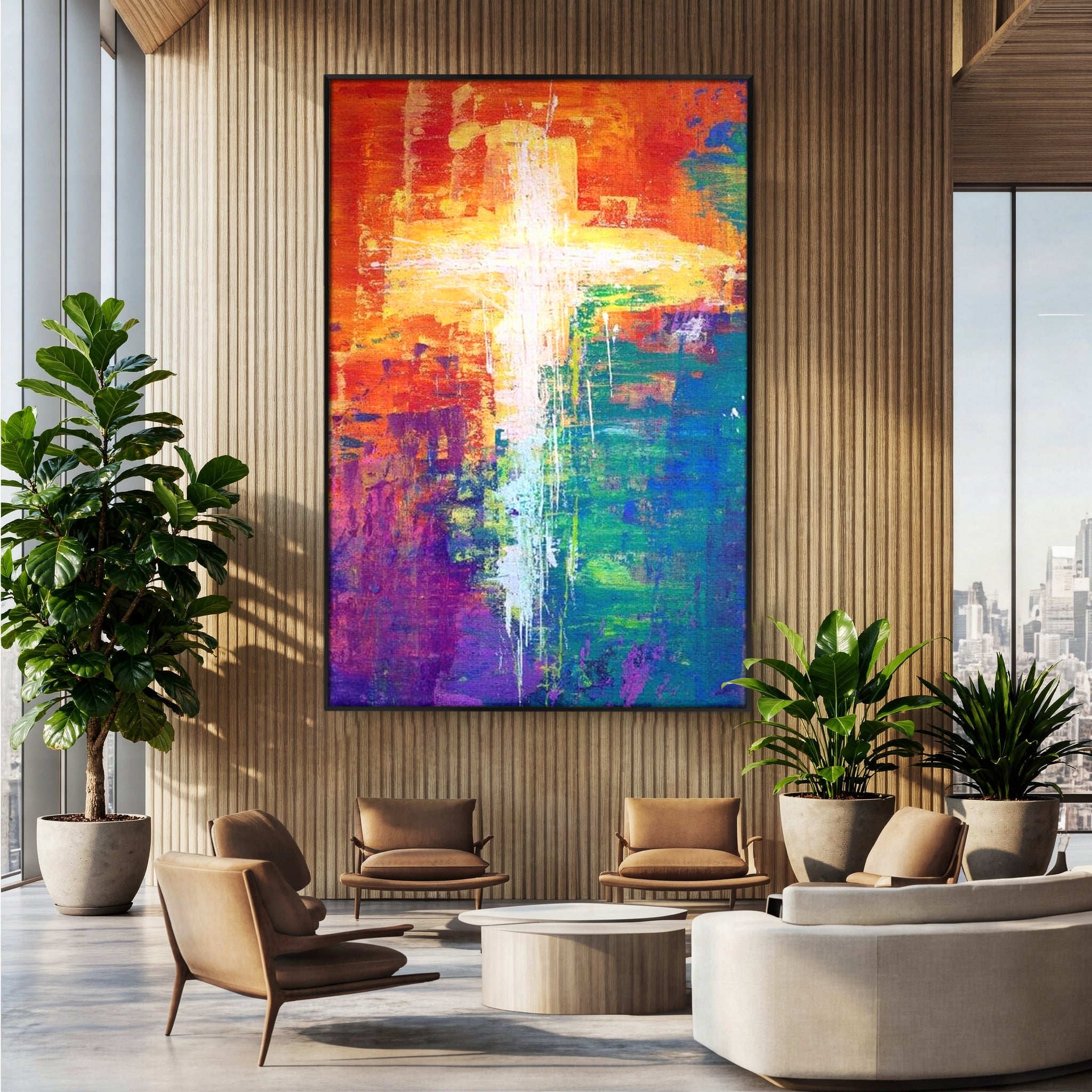 Tablou canvas cu tablou pictat cu o cruce luminoasa, in rama de aluminiu negru, pe perete intr-un birou